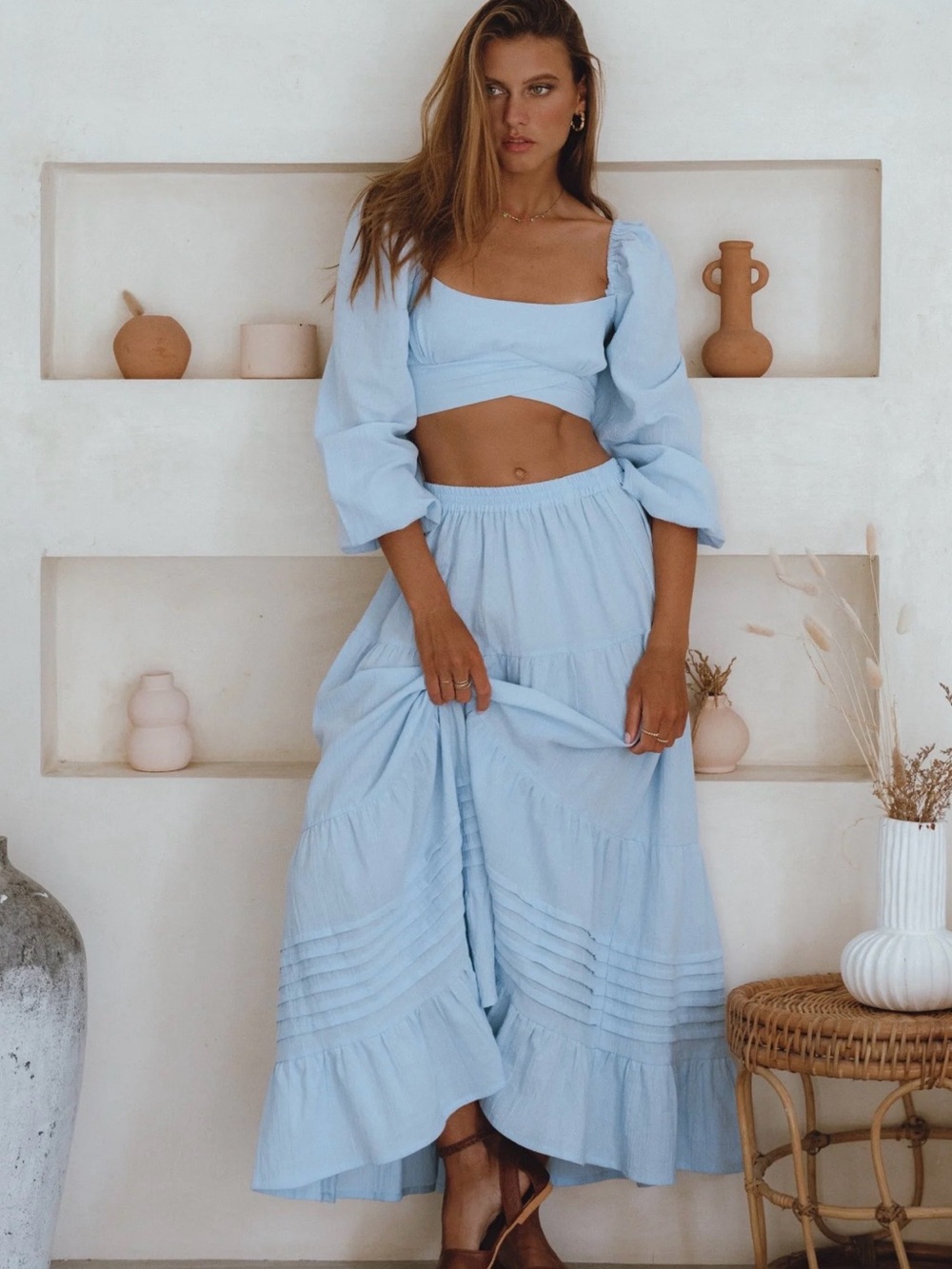 STUNNING MUMBAI BALLIN LINEN CIEL BLUE TOP AND SKIRT SET
